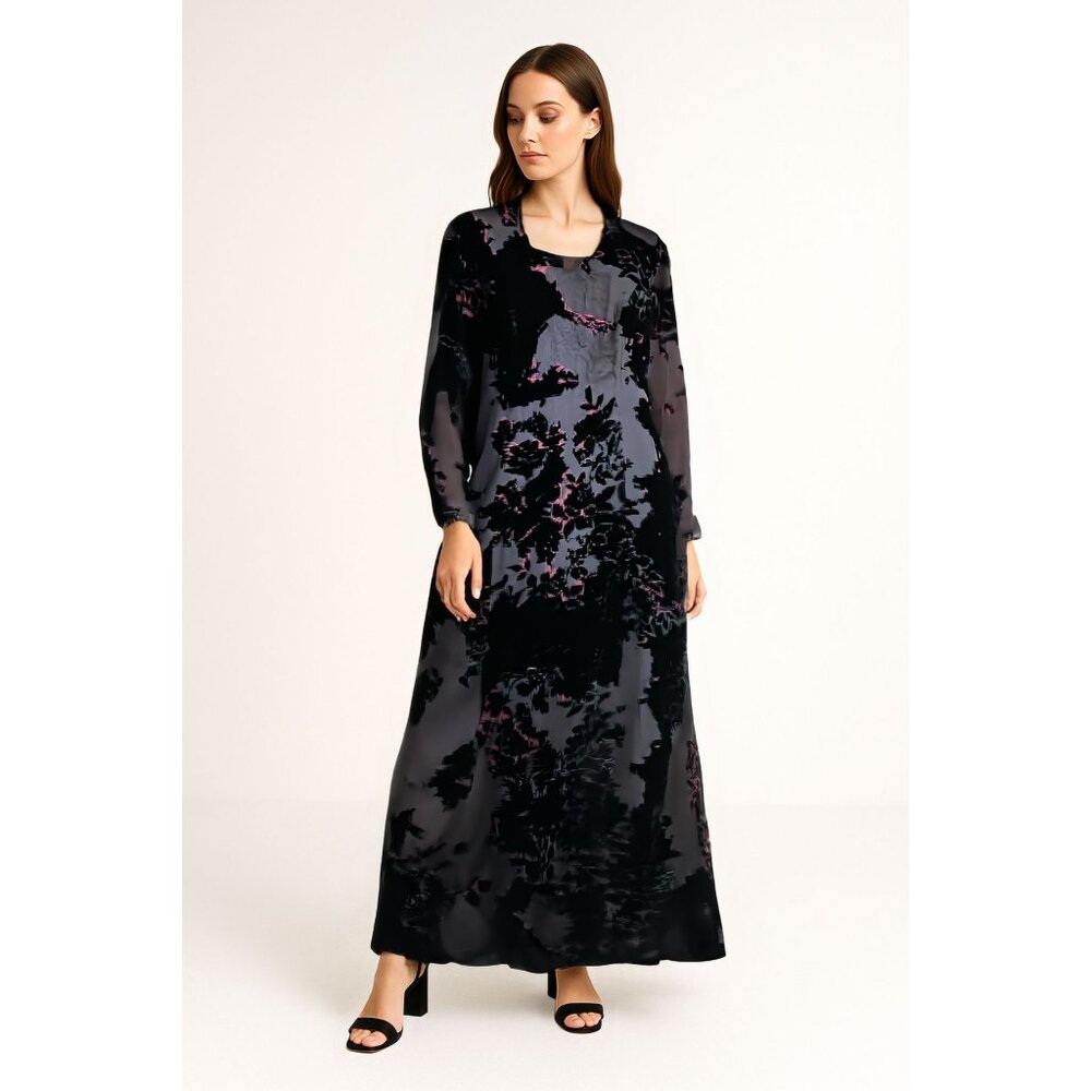 Vintage Black Floral Burnout Velvet Long Sleeve Maxi Dress – Elegant Gothic Boho